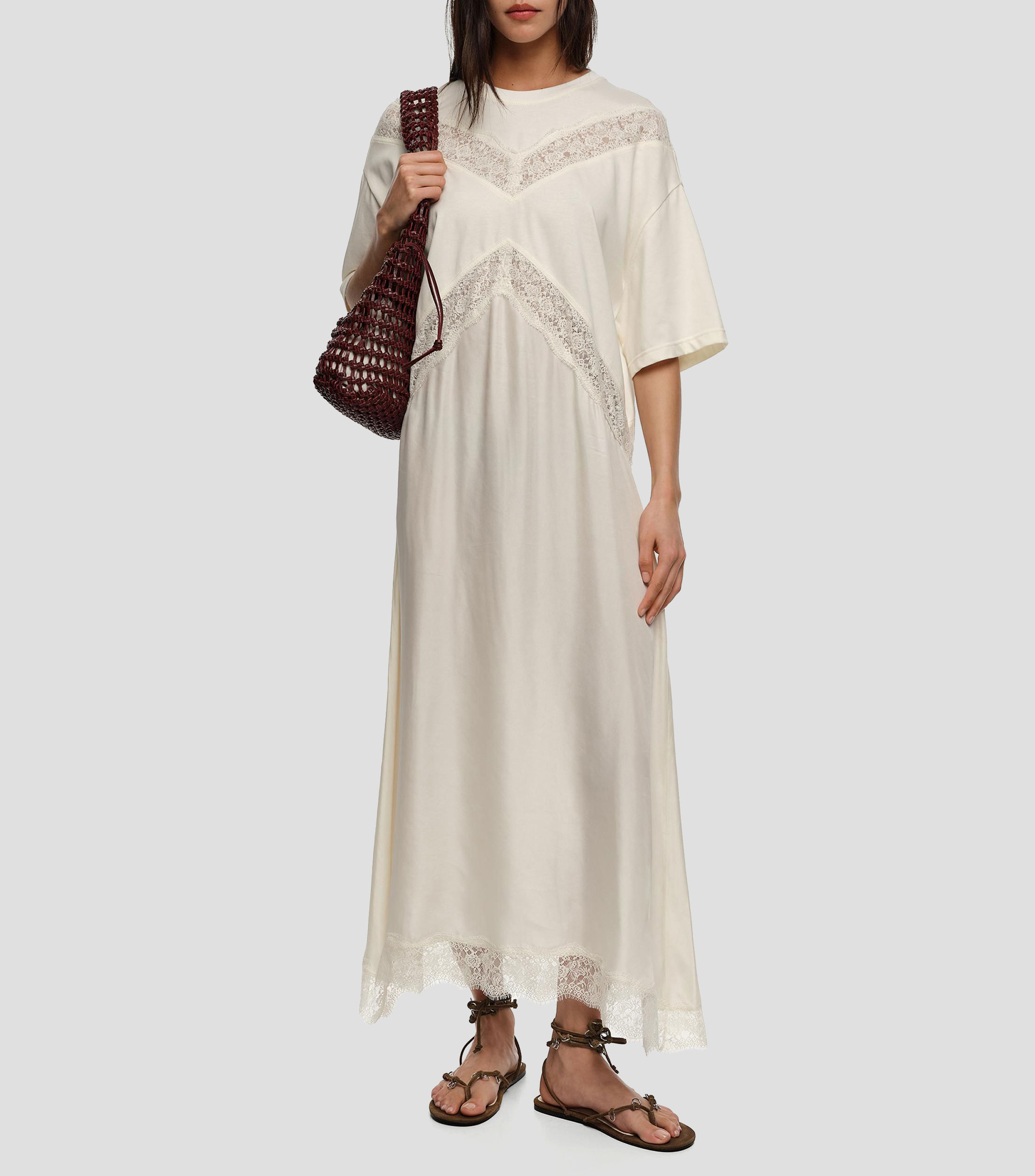 Vestido bimaterial encajes marfil Mujer